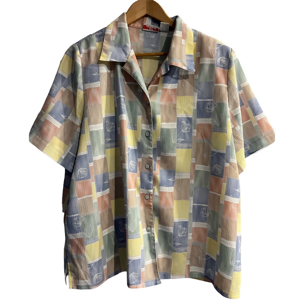 Vintage 80s Alia Pastel Colour Button Down Short Sleeve Blouse Size 18